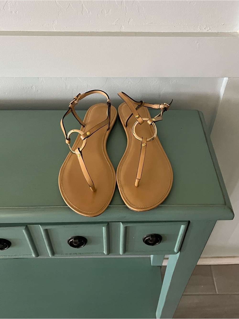 Tory Burch Tan Leather T-Strap Sandals with Gold Ring